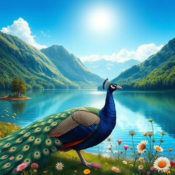 A detailed artistic representation of a serene landscape featuring a tranquil lake surrounded by lush green mountains under a clear blue sky