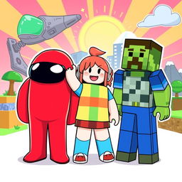 A vibrant and playful illustration featuring three characters from popular video games: Among Us, Roblox, and Minecraft