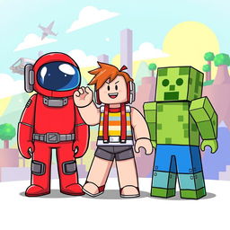 A vibrant and playful illustration featuring three characters from popular video games: Among Us, Roblox, and Minecraft