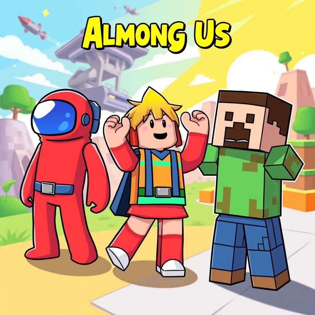 A vibrant and playful illustration featuring three characters from popular video games: Among Us, Roblox, and Minecraft