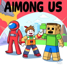 A vibrant and playful illustration featuring three characters from popular video games: Among Us, Roblox, and Minecraft