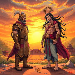 A vibrant and engaging illustration depicting two legendary Persian characters: one representing "Pārsīān" with a strong and noble appearance, wearing ornate traditional armor adorned with intricate Persian patterns, and the other representing "Ārīn," depicted with a sleek and agile physique, also in traditional attire, showcasing agility and grace