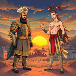 A vibrant and engaging illustration depicting two legendary Persian characters: one representing "Pārsīān" with a strong and noble appearance, wearing ornate traditional armor adorned with intricate Persian patterns, and the other representing "Ārīn," depicted with a sleek and agile physique, also in traditional attire, showcasing agility and grace