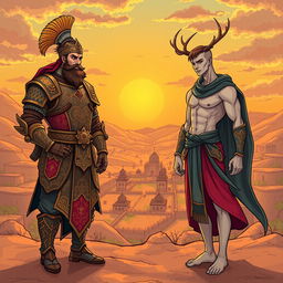 A vibrant and engaging illustration depicting two legendary Persian characters: one representing "Pārsīān" with a strong and noble appearance, wearing ornate traditional armor adorned with intricate Persian patterns, and the other representing "Ārīn," depicted with a sleek and agile physique, also in traditional attire, showcasing agility and grace