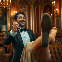 A scene featuring a highly realistic character acting as a servant, smiling widely and looking extremely happy as a woman elegantly extends her leg towards him