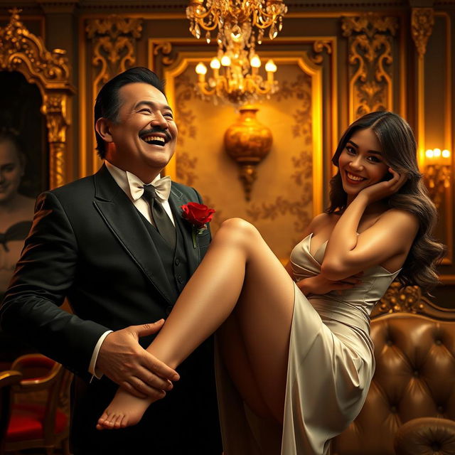 A scene featuring a highly realistic character acting as a servant, smiling widely and looking extremely happy as a woman elegantly extends her leg towards him