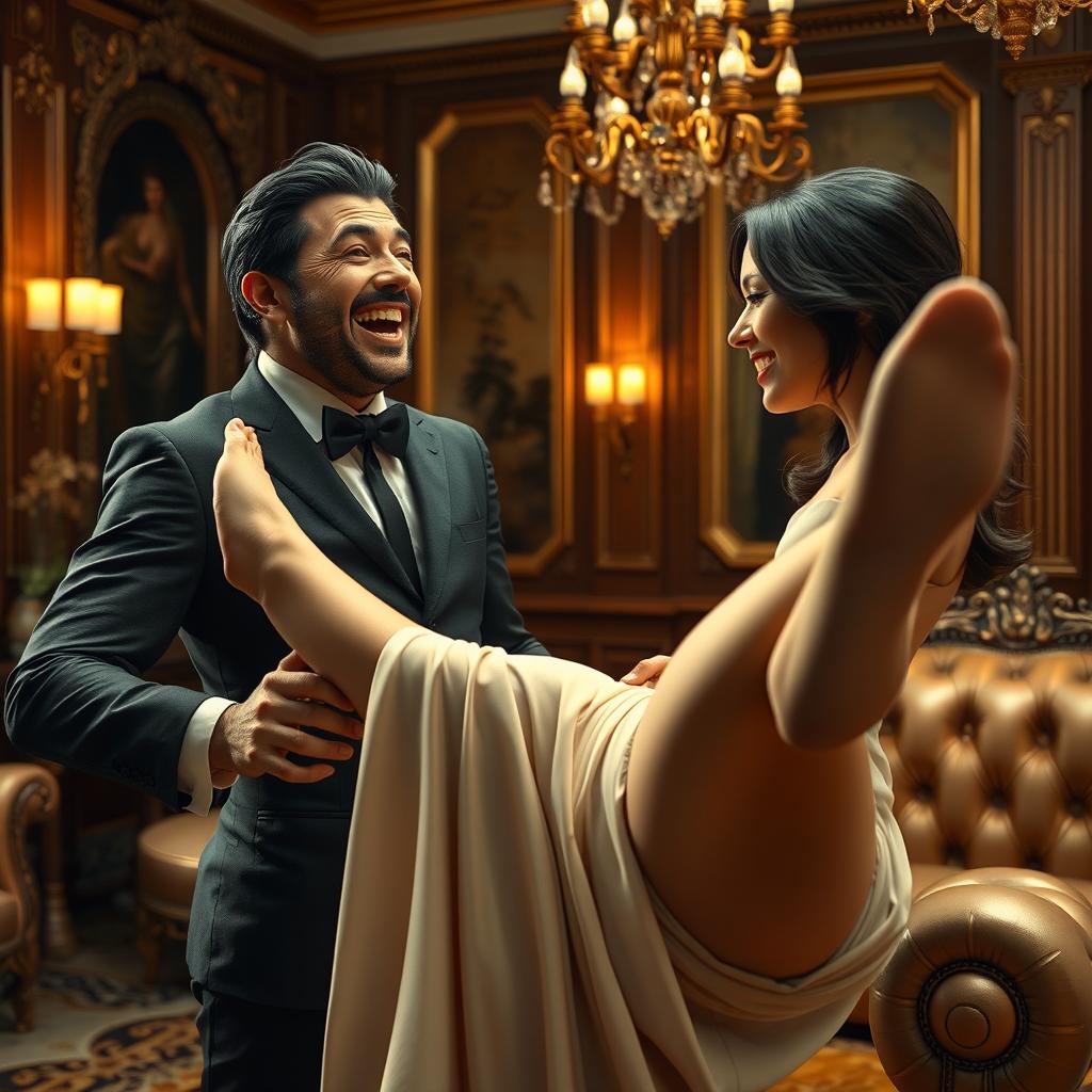 A scene featuring a highly realistic character acting as a servant, smiling widely and looking extremely happy as a woman elegantly extends her leg towards him