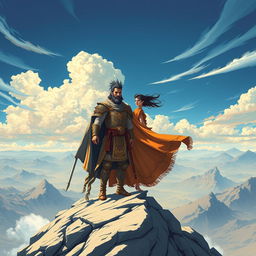 An epic illustration of the legendary figures Pārsīān and Ārīn standing majestically atop a high mountain peak, overlooking a vast and breathtaking landscape