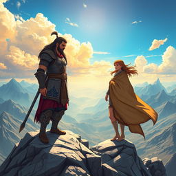An epic illustration of the legendary figures Pārsīān and Ārīn standing majestically atop a high mountain peak, overlooking a vast and breathtaking landscape