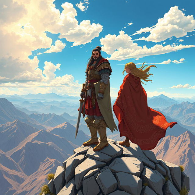 An epic illustration of the legendary figures Pārsīān and Ārīn standing majestically atop a high mountain peak, overlooking a vast and breathtaking landscape