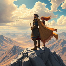 An epic illustration of the legendary figures Pārsīān and Ārīn standing majestically atop a high mountain peak, overlooking a vast and breathtaking landscape