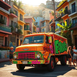 A vibrant scene depicting a colorful truck sparkling under the sunlight in a lively favela