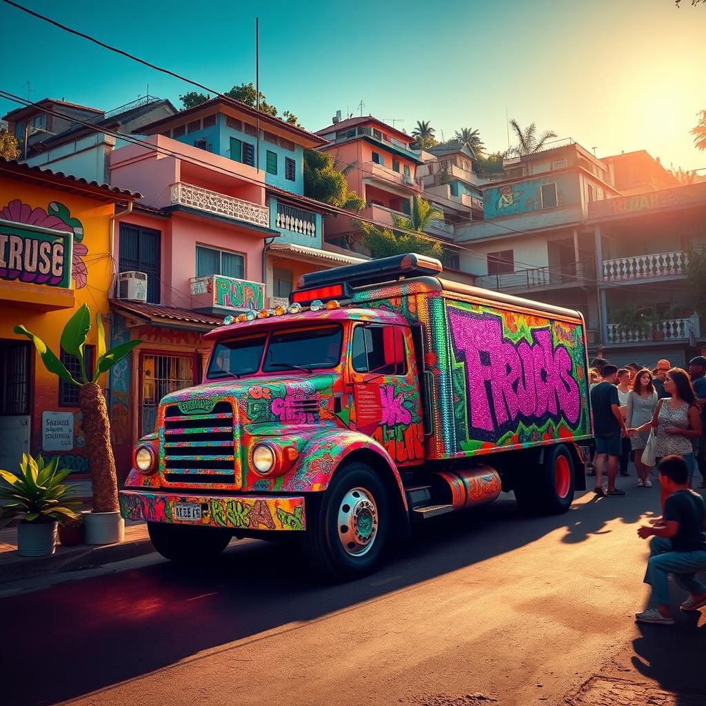 A vibrant scene depicting a colorful truck sparkling under the sunlight in a lively favela