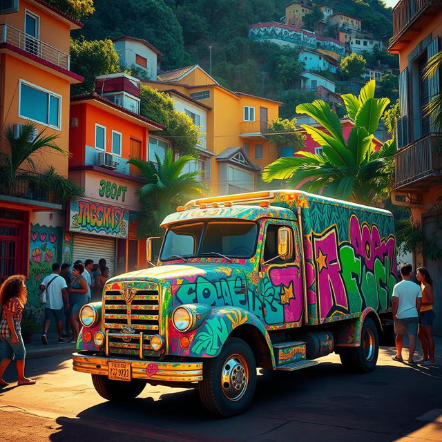 A vibrant scene depicting a colorful truck sparkling under the sunlight in a lively favela