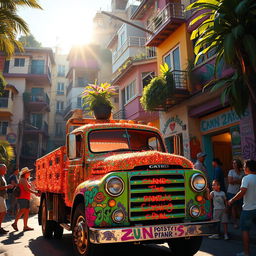 A vibrant scene depicting a colorful truck sparkling under the sunlight in a lively favela