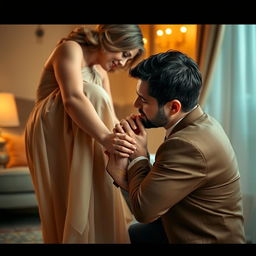 A romantic scene featuring a man gently kissing the foot of a woman, showcasing a moment of intimacy and affection