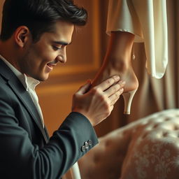 A romantic scene featuring a man gently kissing the foot of a woman, showcasing a moment of intimacy and affection