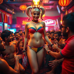 A vivid and dynamic scene featuring Harley Quinn in a colorful strapless bikini that highlights her big breasts, paired with a small panty