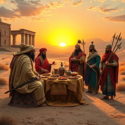 An artistic representation of a historical debate between Persians and Aryans, set in an ancient landscape