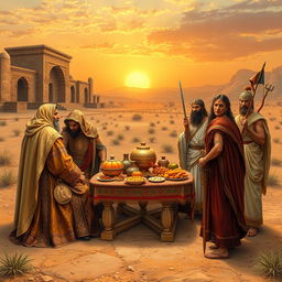 An artistic representation of a historical debate between Persians and Aryans, set in an ancient landscape