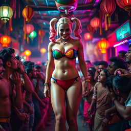 A striking cinematic scene featuring Harley Quinn in a colorful strapless bikini showcasing her big breasts, paired with a small panty that complements her thick thighs