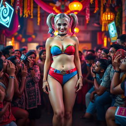 A striking cinematic scene featuring Harley Quinn in a colorful strapless bikini showcasing her big breasts, paired with a small panty that complements her thick thighs