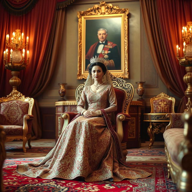 A regal scene featuring Her Majesty Queen Noor Pahlavi gracefully seated on an ornate throne, dressed in an elegant, richly detailed gown adorned with intricate patterns