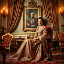 A regal scene featuring Her Majesty Queen Noor Pahlavi gracefully seated on an ornate throne, dressed in an elegant, richly detailed gown adorned with intricate patterns
