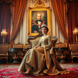 A regal scene featuring Her Majesty Queen Noor Pahlavi gracefully seated on an ornate throne, dressed in an elegant, richly detailed gown adorned with intricate patterns