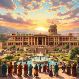 A vibrant and detailed illustration of the Achaemenid Empire (Hakhmaneshian) at its peak, showcasing the grandeur of its architecture and cultural richness