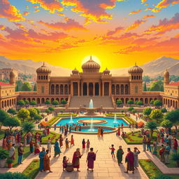 A vibrant and detailed illustration of the Achaemenid Empire (Hakhmaneshian) at its peak, showcasing the grandeur of its architecture and cultural richness