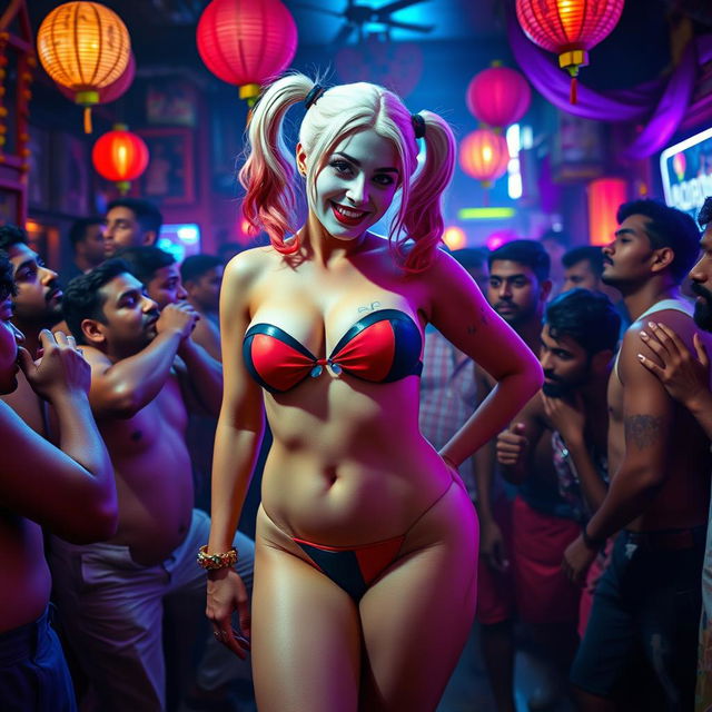 A captivating cinematic scene featuring a busty Harley Quinn in a colorful strapless bikini that accentuates her big breasts and small panty, showcasing her big thighs