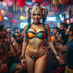 A captivating cinematic scene featuring a busty Harley Quinn in a colorful strapless bikini that accentuates her big breasts and small panty, showcasing her big thighs