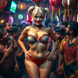 A captivating cinematic scene featuring a busty Harley Quinn in a colorful strapless bikini that accentuates her big breasts and small panty, showcasing her big thighs
