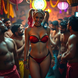 A captivating cinematic scene featuring a busty Harley Quinn in a colorful strapless bikini that accentuates her big breasts and small panty, showcasing her big thighs