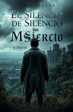 A captivating book cover design for a novel titled 'El Silencio de los Muertos', featuring a hauntingly beautiful landscape with a desolate city in the background, overgrown with nature