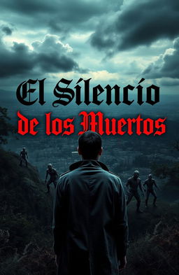 A captivating book cover design for a novel titled 'El Silencio de los Muertos', featuring a hauntingly beautiful landscape with a desolate city in the background, overgrown with nature