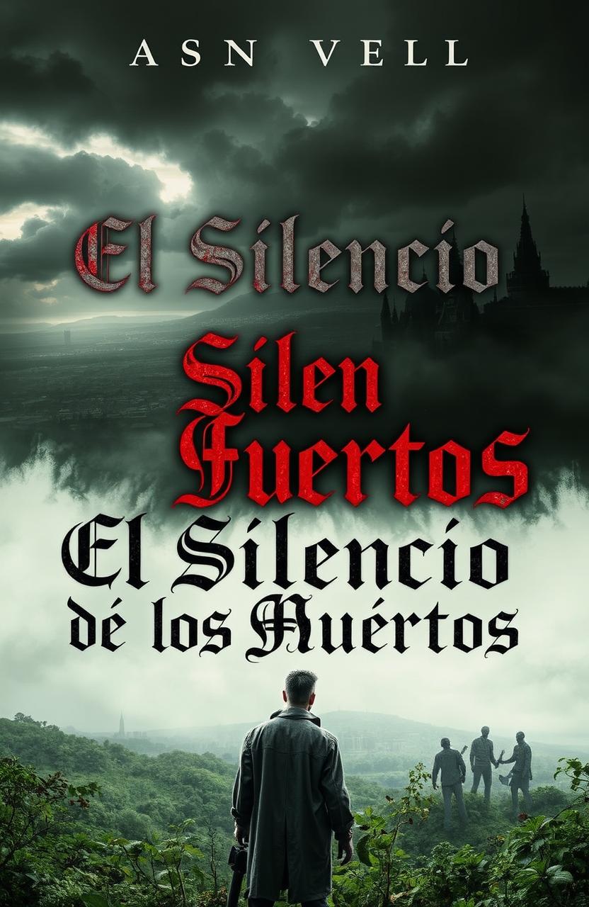 A captivating book cover design for a novel titled 'El Silencio de los Muertos', featuring a hauntingly beautiful landscape with a desolate city in the background, overgrown with nature