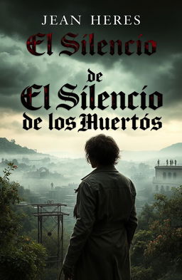 A captivating book cover design for a novel titled 'El Silencio de los Muertos', featuring a hauntingly beautiful landscape with a desolate city in the background, overgrown with nature