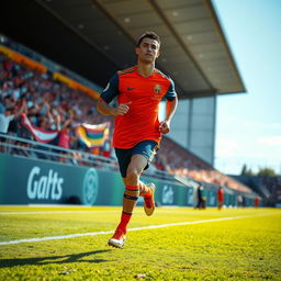 A dynamic image of a male soccer player, resembling Cristiano Ronaldo, in a vibrant soccer jersey, running with determination on a lush green field