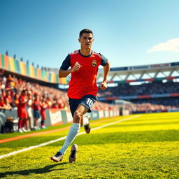 A dynamic image of a male soccer player, resembling Cristiano Ronaldo, in a vibrant soccer jersey, running with determination on a lush green field