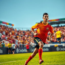 A dynamic image of a male soccer player, resembling Cristiano Ronaldo, in a vibrant soccer jersey, running with determination on a lush green field