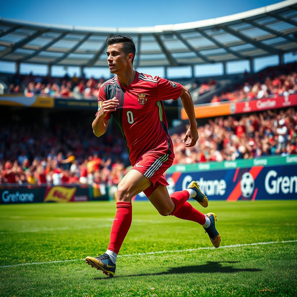 A dynamic image of a male soccer player, resembling Cristiano Ronaldo, in a vibrant soccer jersey, running with determination on a lush green field