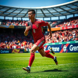 A dynamic image of a male soccer player, resembling Cristiano Ronaldo, in a vibrant soccer jersey, running with determination on a lush green field