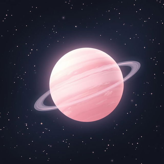 A stunning light pink planet with softly glowing features, surrounded by twinkling stars in a deep space background