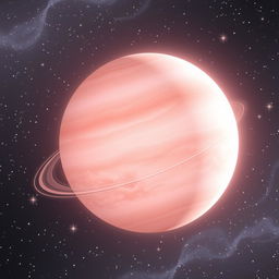 A stunning light pink planet with softly glowing features, surrounded by twinkling stars in a deep space background