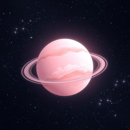 A stunning light pink planet with softly glowing features, surrounded by twinkling stars in a deep space background