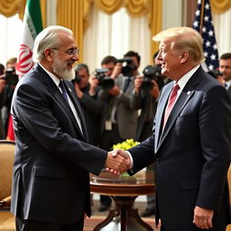 A historic moment capturing the handshake between the Presidents of Iran and the United States, set against a diplomatic backdrop