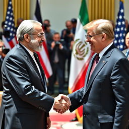 A historic moment capturing the handshake between the Presidents of Iran and the United States, set against a diplomatic backdrop