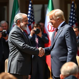 A historic moment capturing the handshake between the Presidents of Iran and the United States, set against a diplomatic backdrop